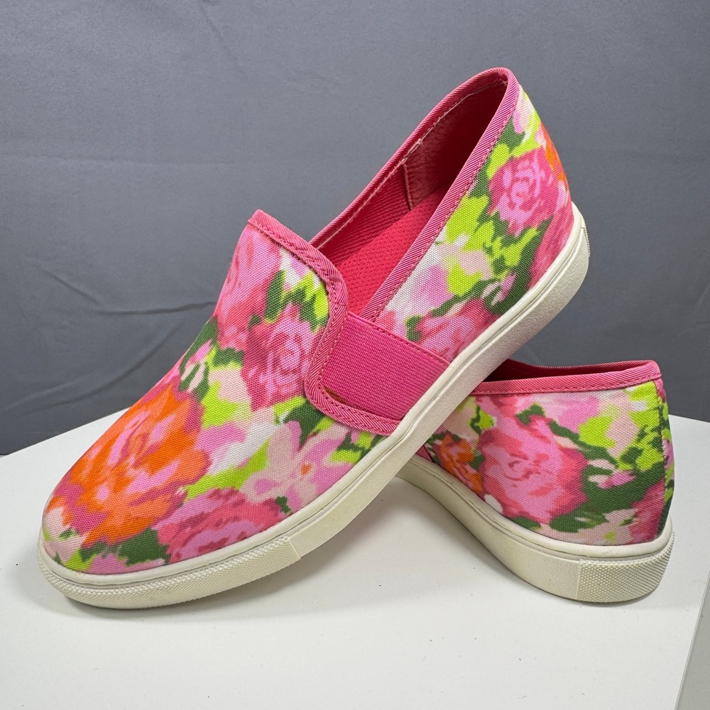 Isaac Mizrahi Floral Slip On Sneakers Womens 7.5 Pink Multi Rose Canvas Flats